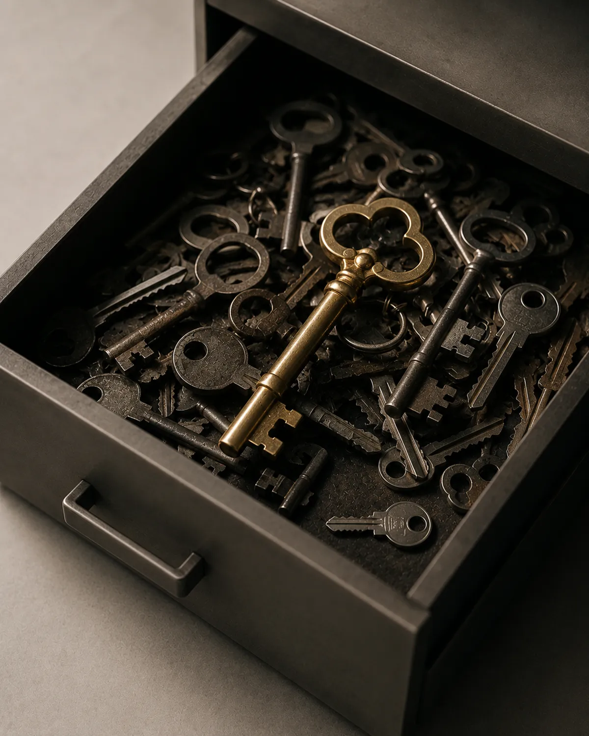 A box of keys showing the shiniest one on top, which probably won't be the right fit.