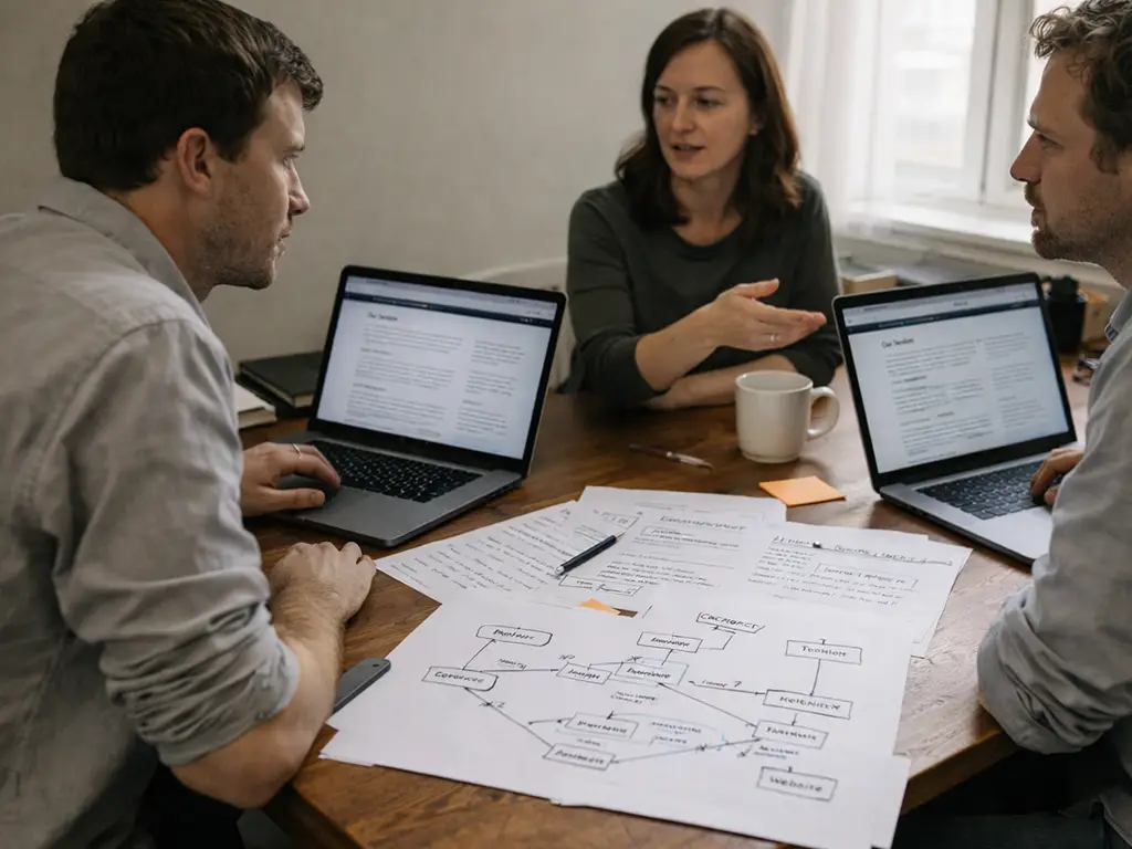 Modern workspace showing website content mapped into entities and relationships, representing the shift from keyword SEO to AI-driven meaning