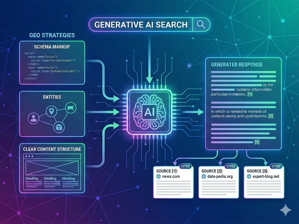 Illustration of generative AI search citing web sources, showing GEO strategies like schema, entities, and clear content structure