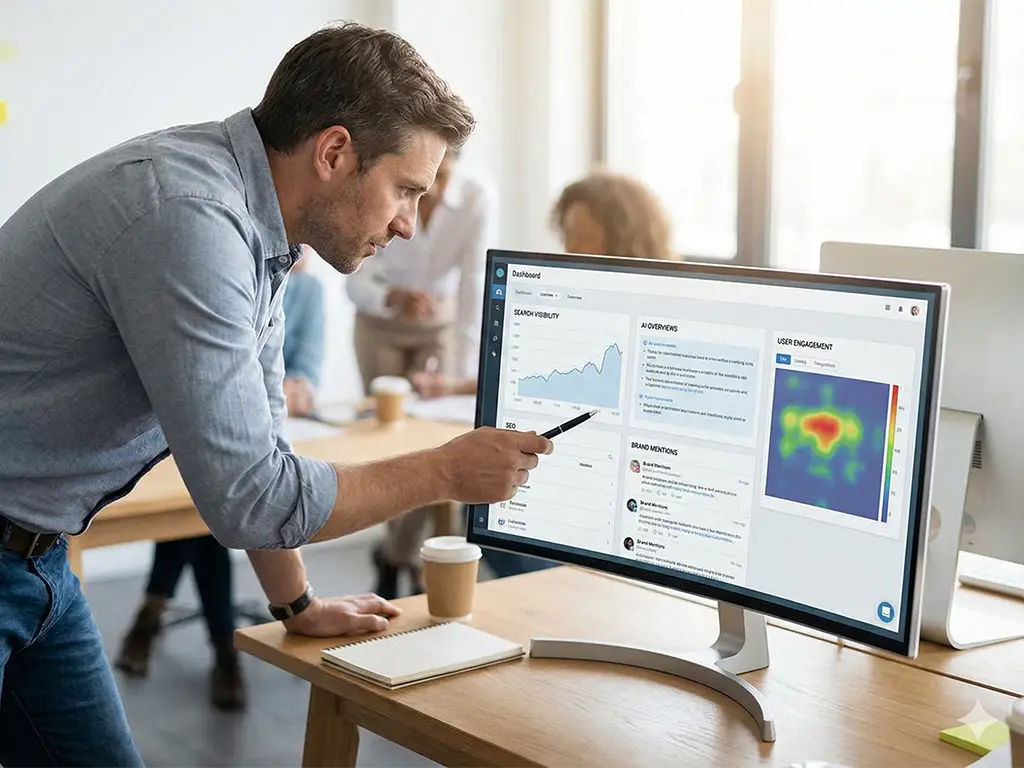 Illustration showing SEO as one part of a larger digital visibility system including AI search, brand signals, and user intent.