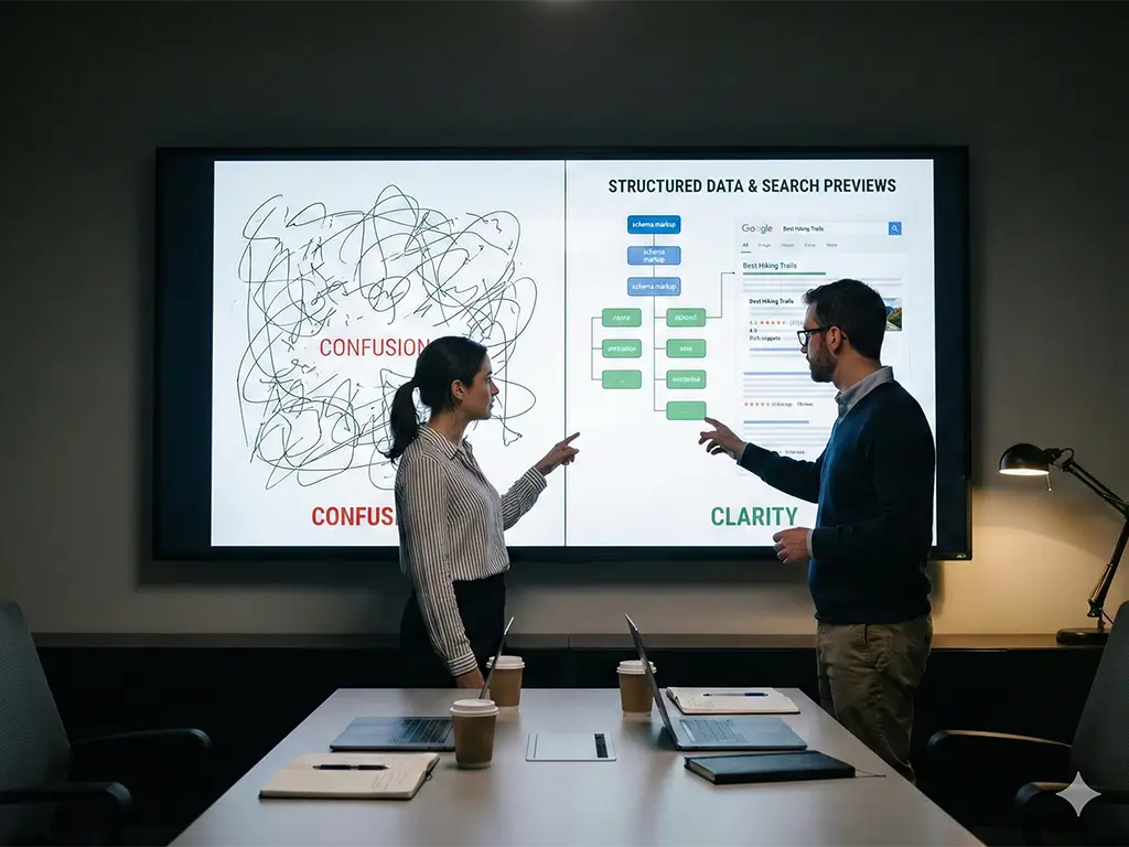 A modern workspace showing a website dashboard alongside an AI assistant interface, illustrating how AI-ready websites answer questions.