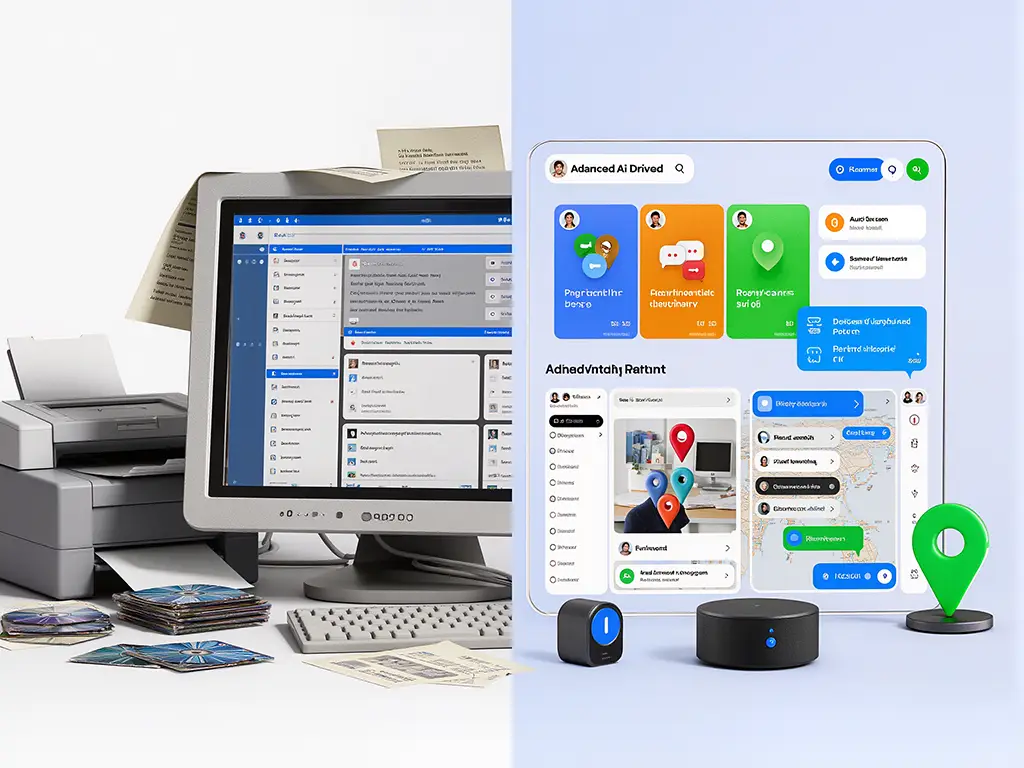 Modern business website interface breaking into outdated layers as AI-driven search and new user experiences reshape the web