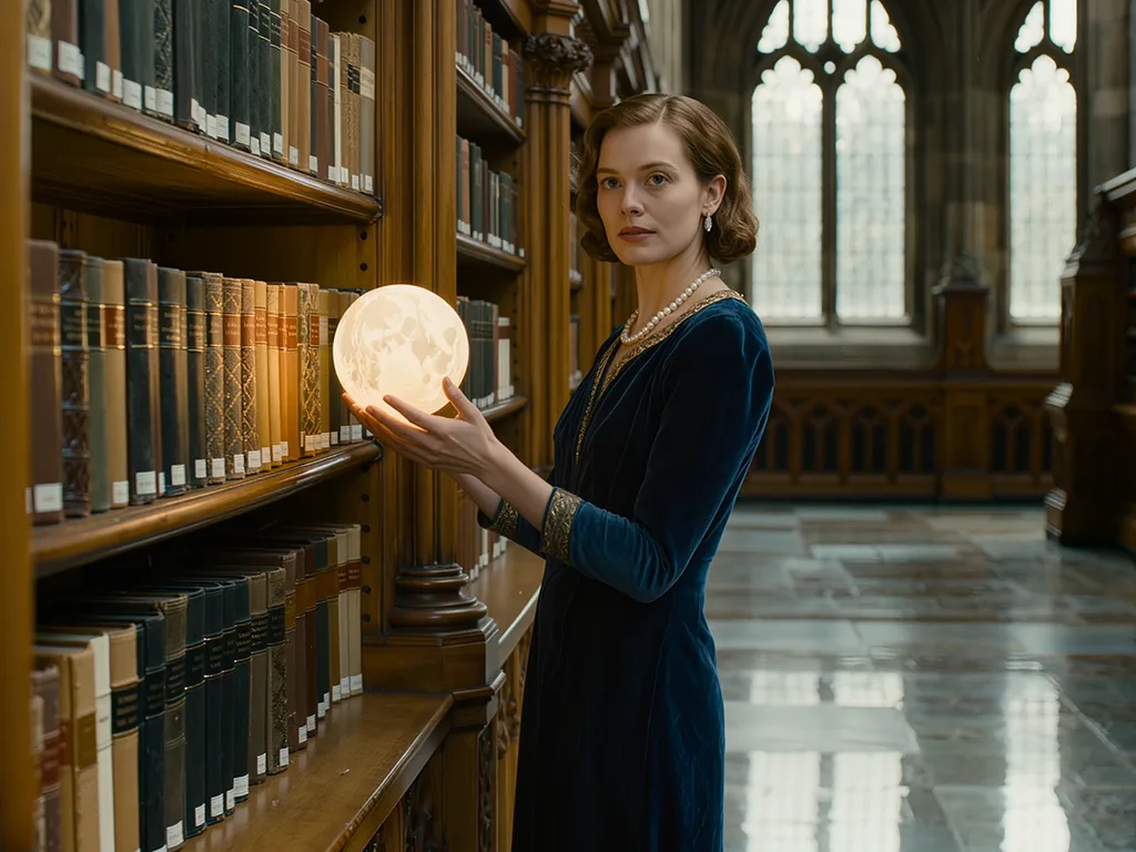 A librarian in a grand classical library reaches toward a shelf. Instead of a book, she gently pulls a glowing golden orb of interconnected light threads from between normal books. Soft light illuminates her calm, knowing face. The image symbolizes moving from keyword matching to meaning retrieval for AI.
