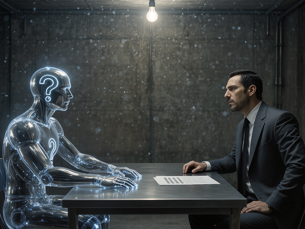 Silent professional interrogated by a question-mark figure in a concrete room. Your website can't answer questions — and that's the problem.