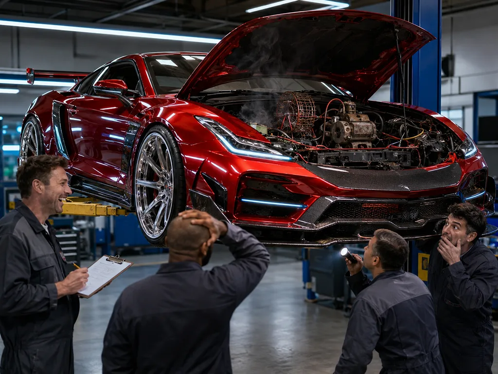 Men standing around a flashy car that looks great from the outside but terrible on the inside