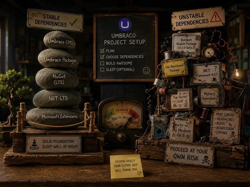 What developers evaluate for stable and unstable software dependencies during an Umbraco project setup